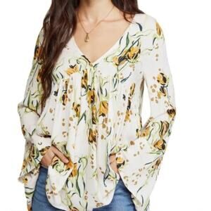 Free People XS Bella Porcelain Tunic Top White & Yellow Floral Boho Baby Doll